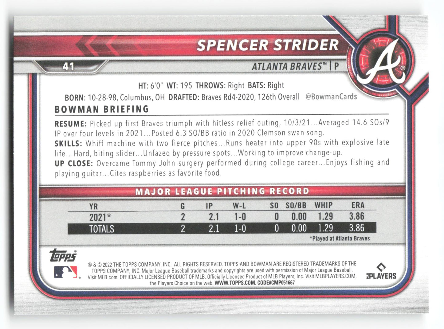 Spencer Strider - #41 - 2022 Bowman - Bowman