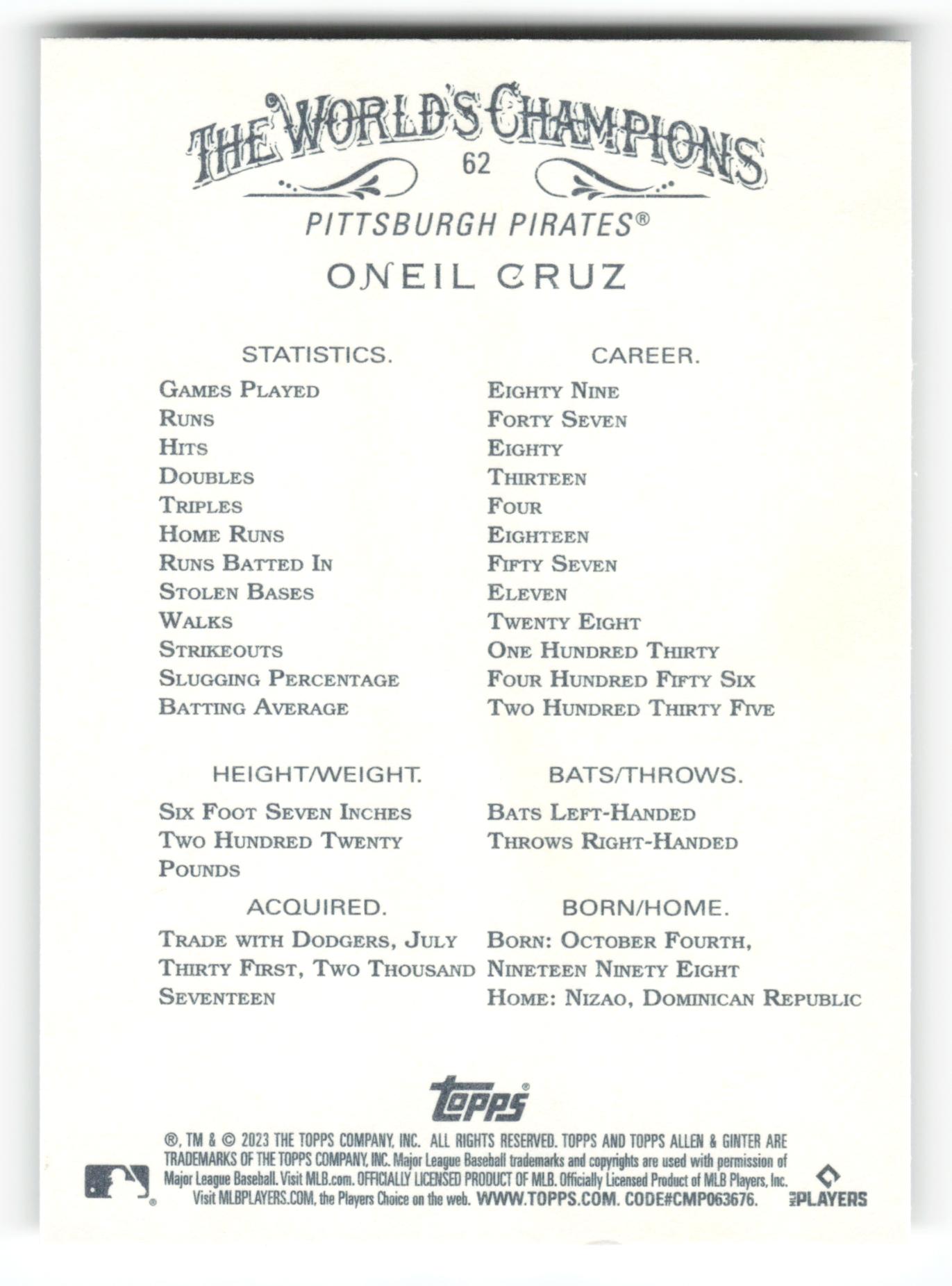 Oneil Cruz - #62 - 2023 Topps Allen & Ginter - Topps