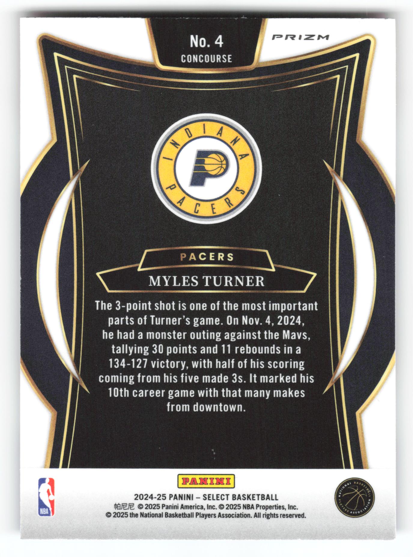 Myles Turner - #4 - 2024-25 Panini Select - Select