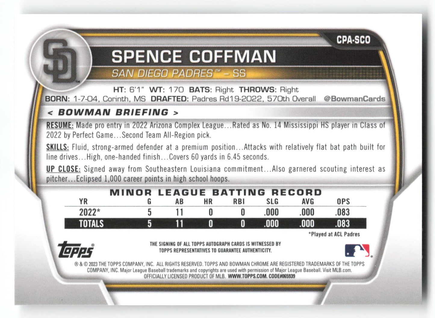 Spence Coffman - #CPA-SCO - 2023 Bowman Chrome - Bowman