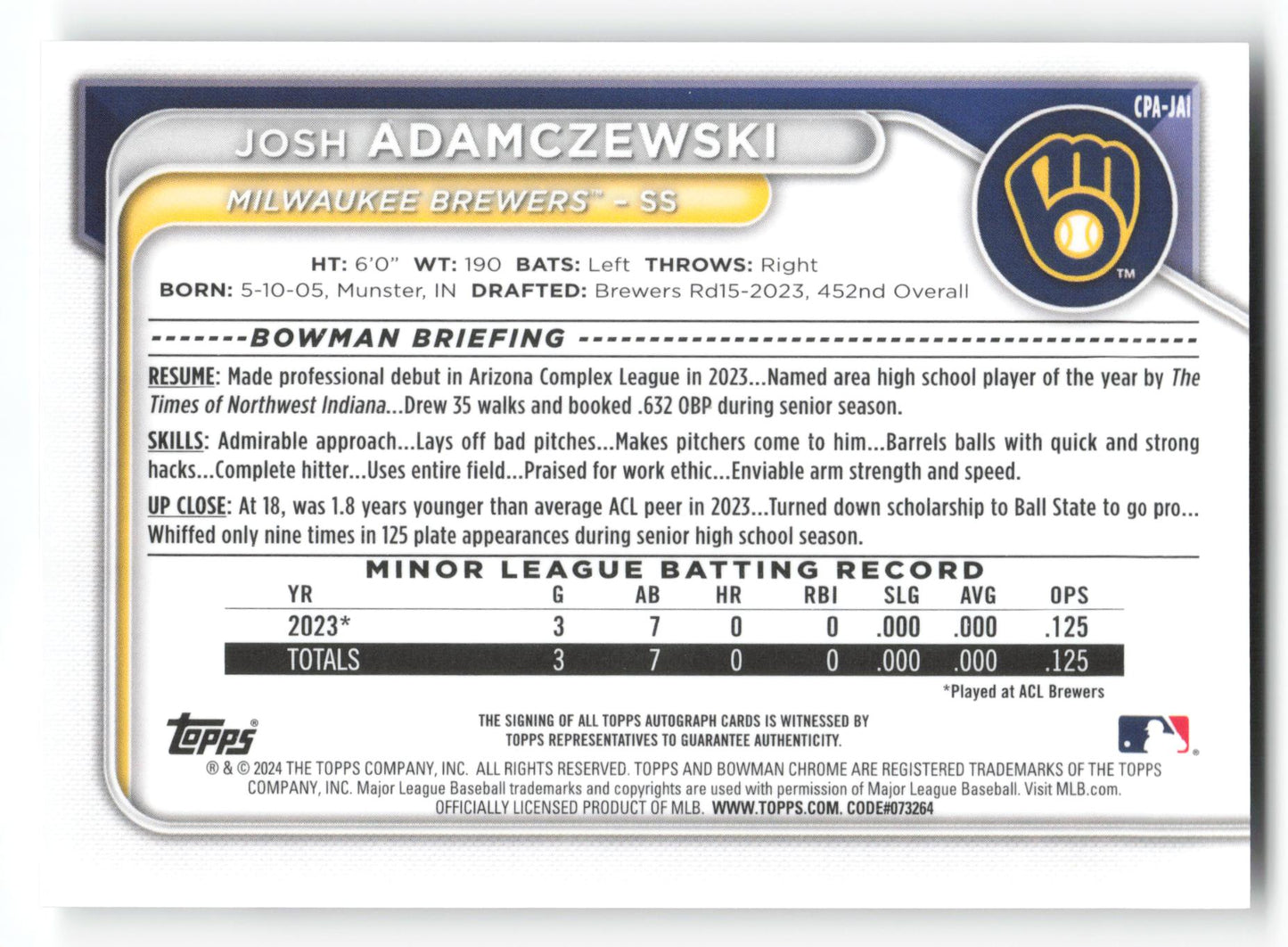 Josh Adamczewski - #CPA-JAI - 2024 Bowman Chrome - Bowman