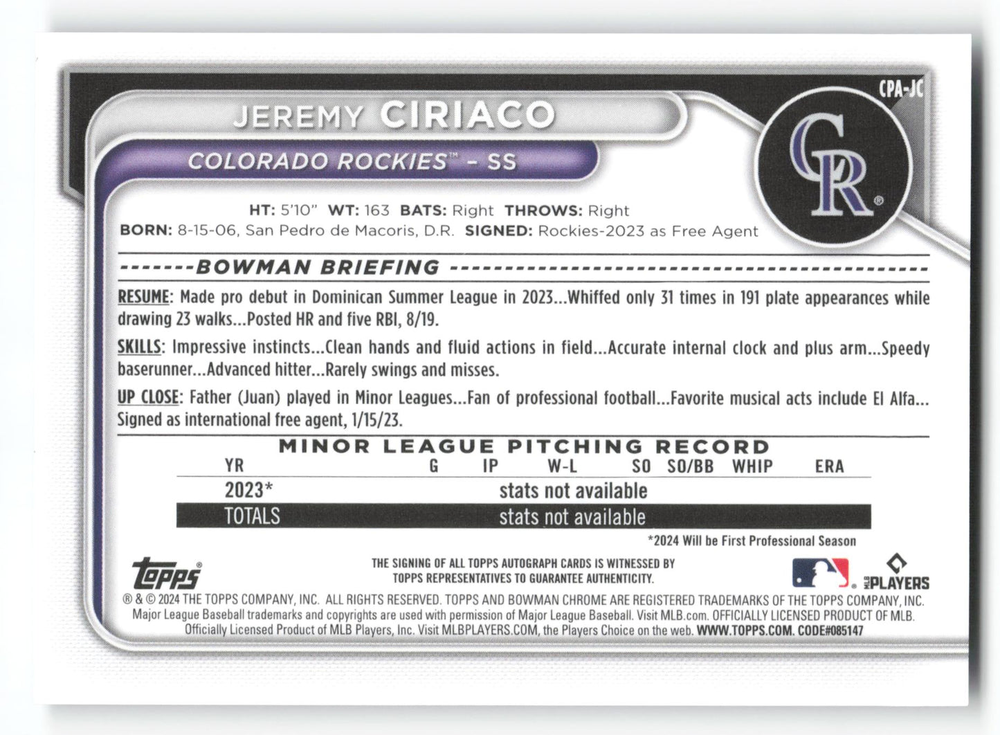 Jeremy Ciriaco - #CPA-JC - 2024 Bowman Chrome - Bowman