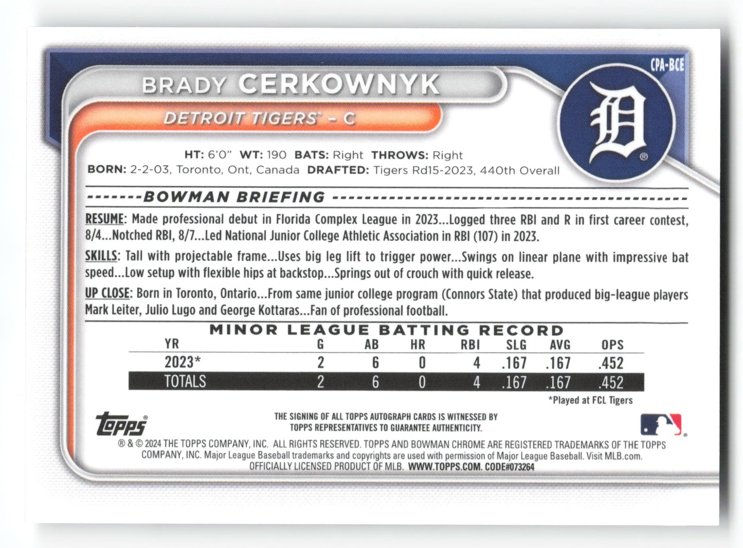 Brady Cerkownyk - #CPA-BCE - 2024 Bowman Chrome - Bowman