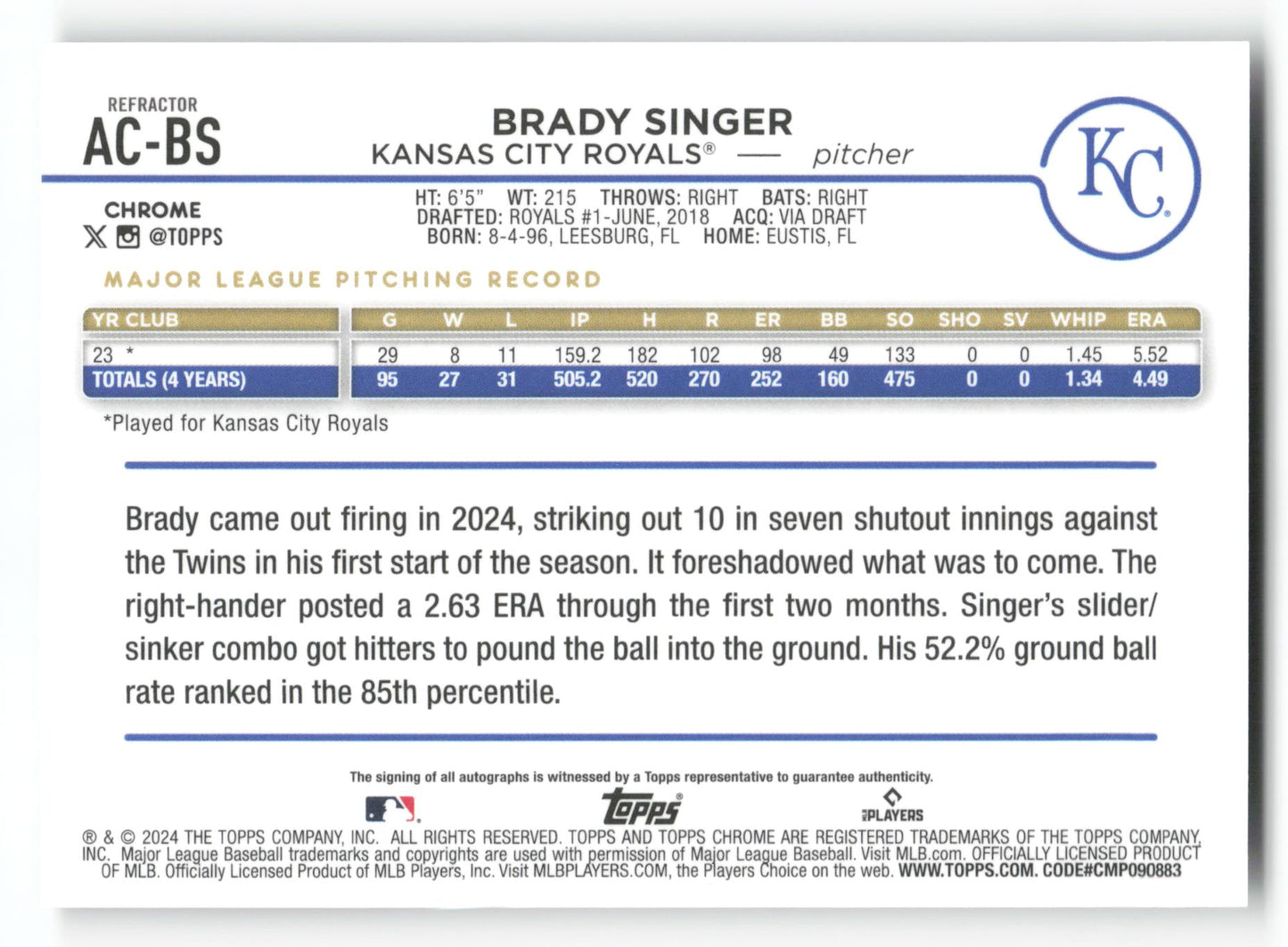 Brady Singer - #AC-BS - 2024 Topps Chrome Update - Topps