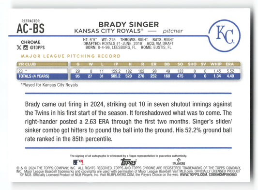 Brady Singer - #AC-BS - 2024 Topps Chrome Update - Topps