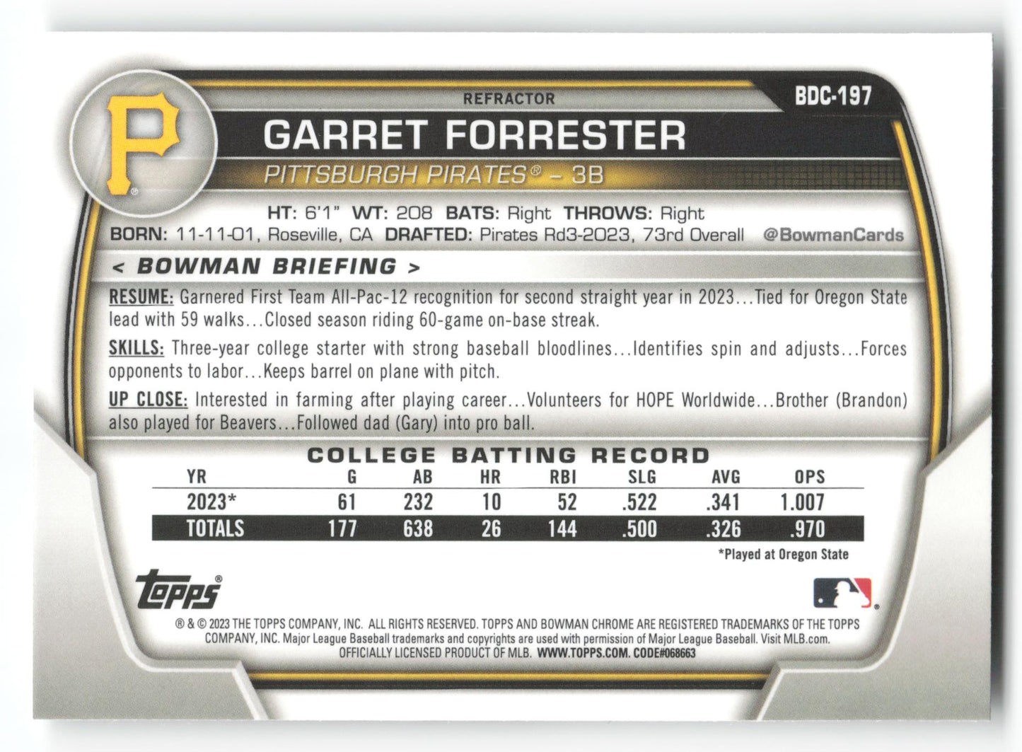 Garret Forrester - #BDC-197 - 2023 Bowman Draft - Bowman