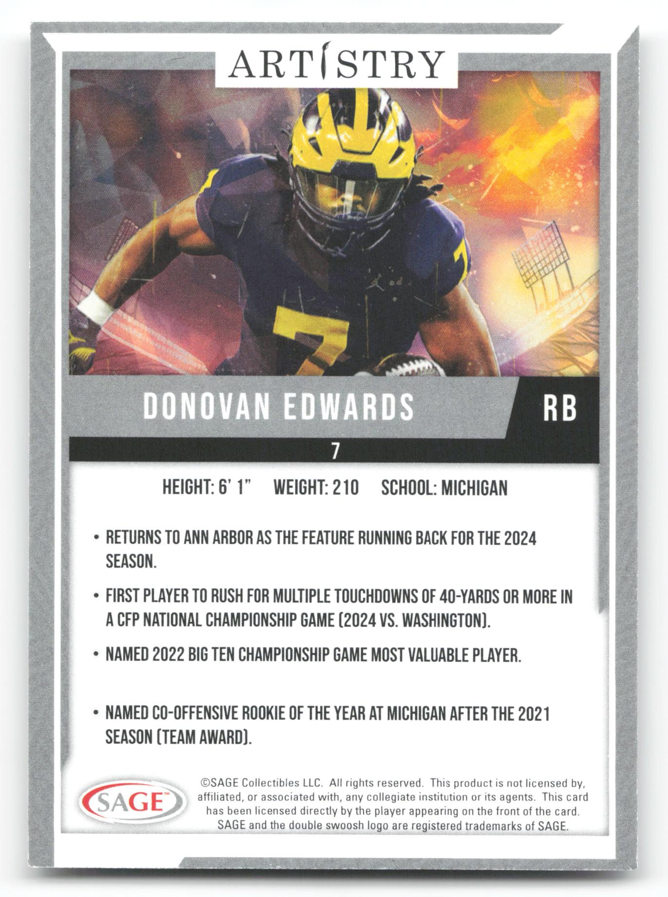2024 SAGE Artistry #7 Donovan Edwards Dark Blue-DO NOT USE