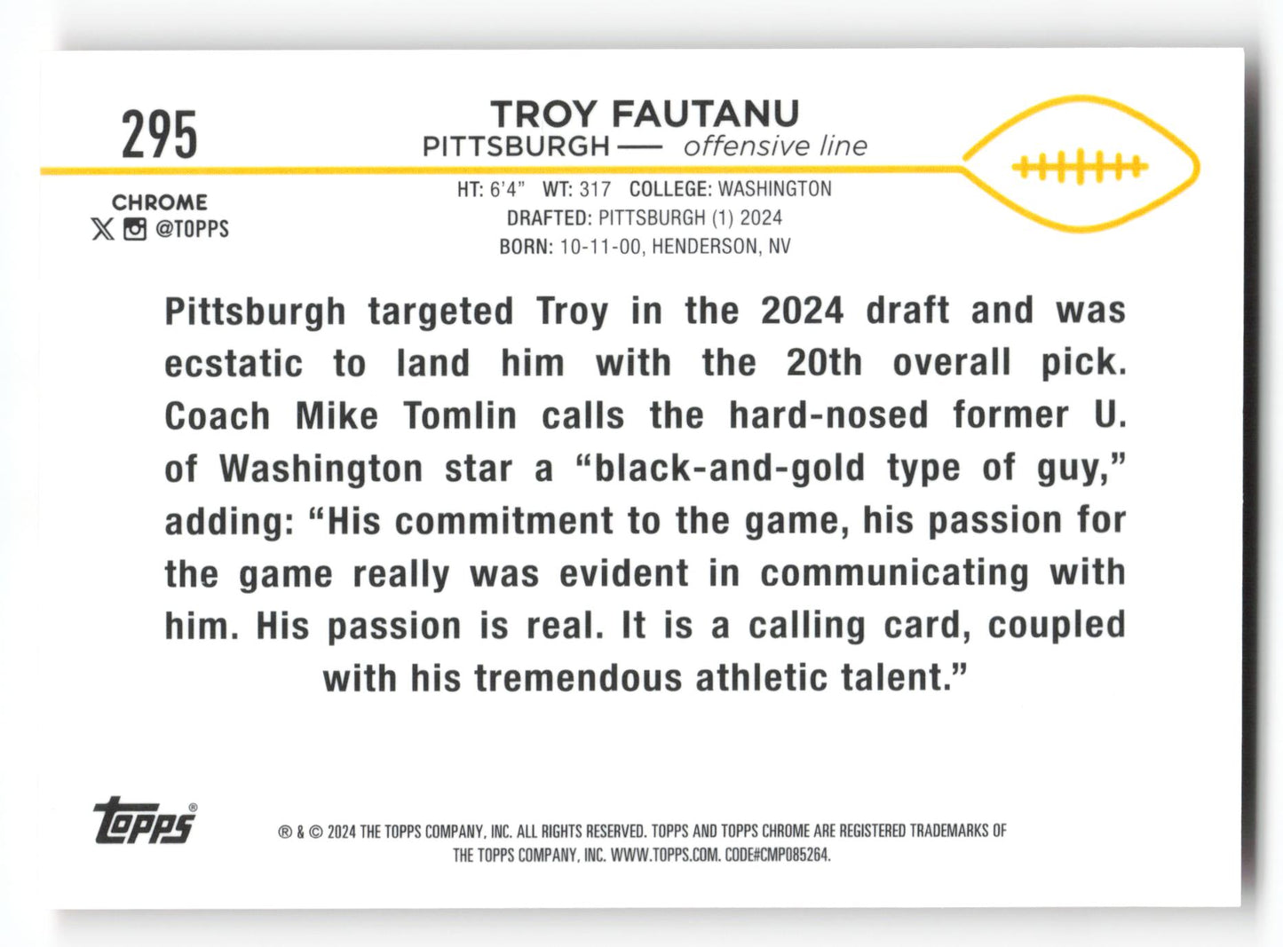 2024 Topps Chrome #295 Troy Fautanu Orange Refractor #/25