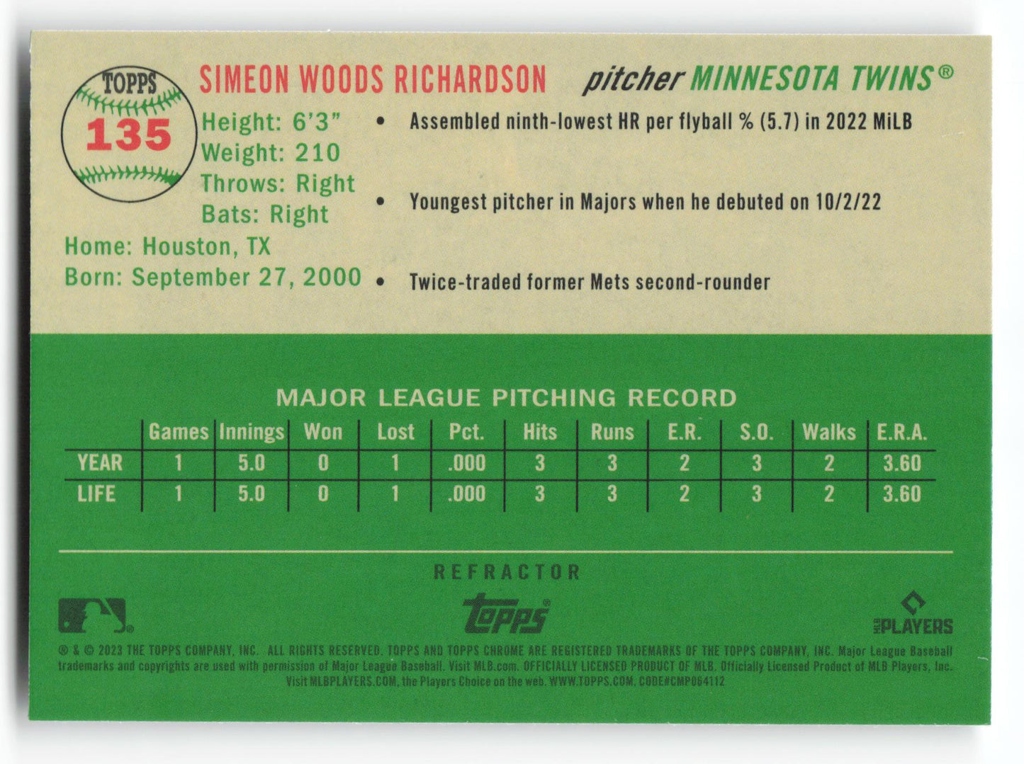 2023 Topps Chrome Platinum Anniversary #135 Simeon Woods Richardson Refractor