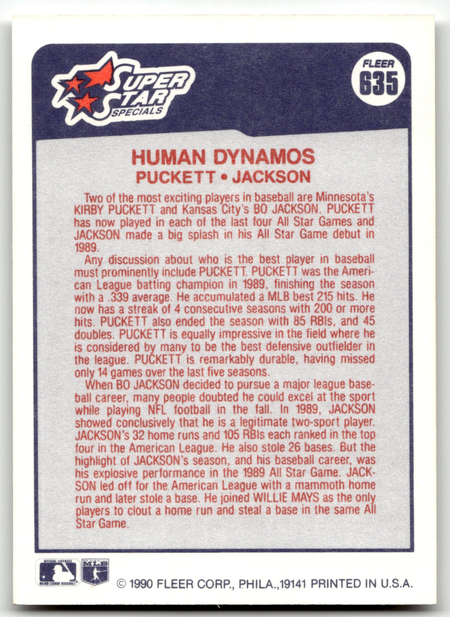 1990 Fleer Canadian #635 Human Dynamos (Kirby Puckett / Bo Jackson)