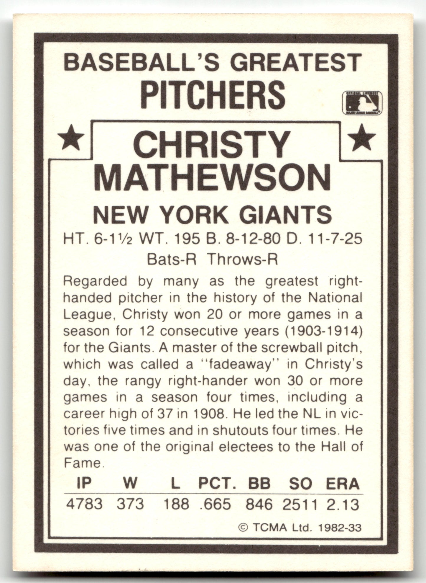 1982 TCMA Baseball's Greatest Pitchers (White Backs) #33 Christy Mathewson