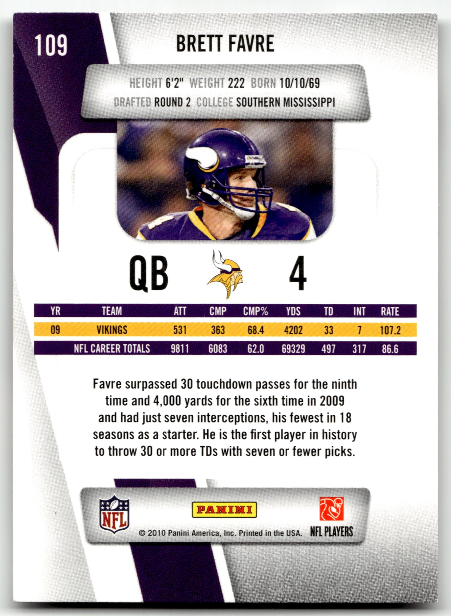 Brett Favre - #109 - 2010 Panini Prestige - Panini