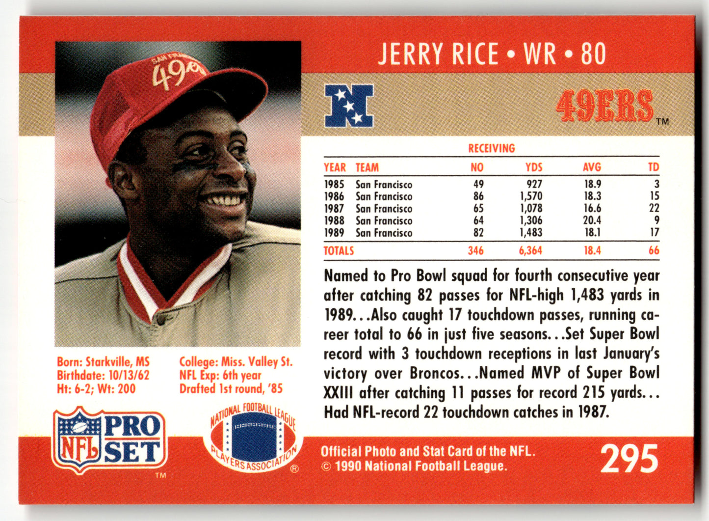 Jerry Rice - #295 - 1990 Pro Set FACT Cincinnati -