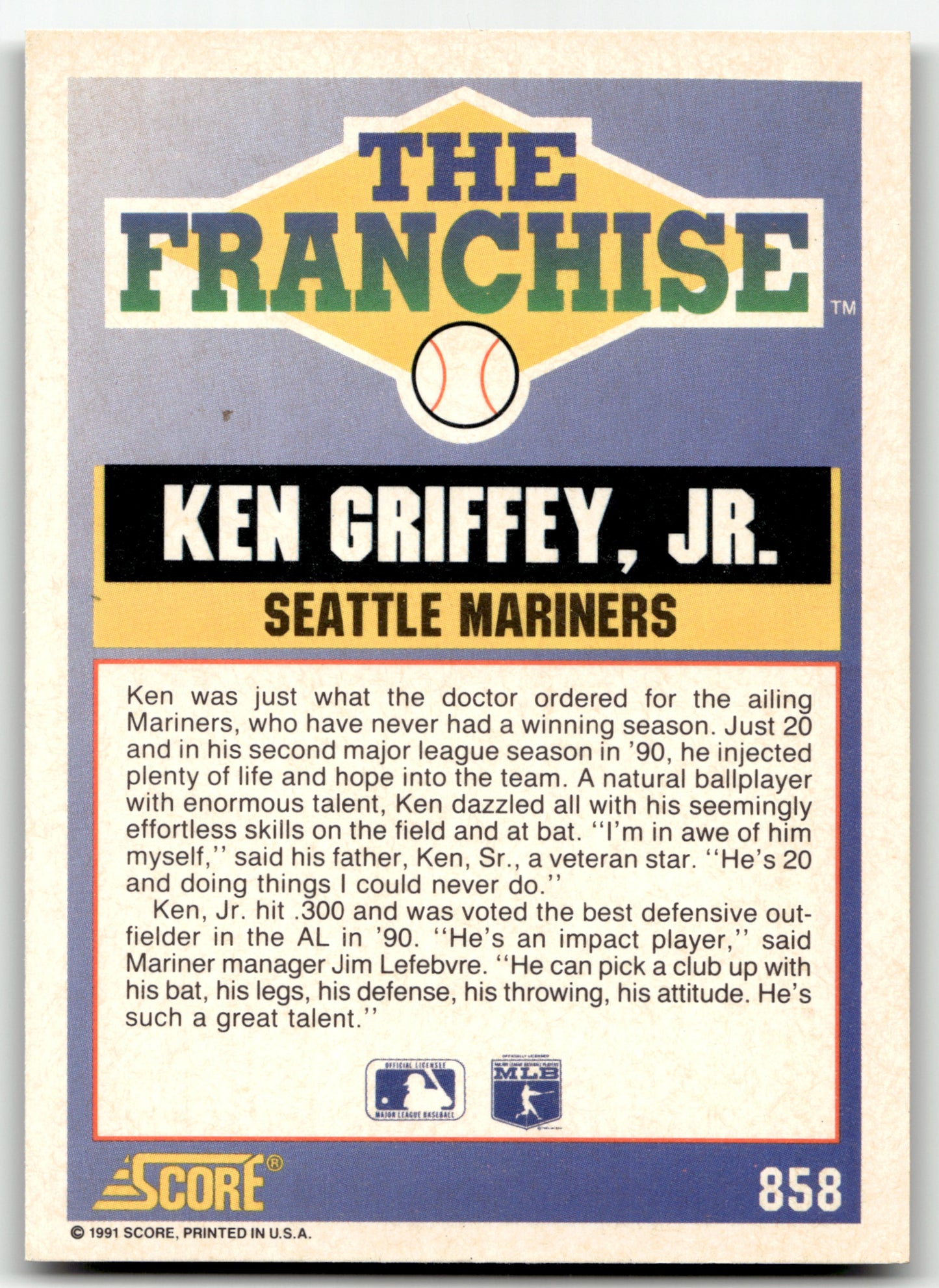 Ken Griffey, Jr. - #858 - 1991 Score - Score