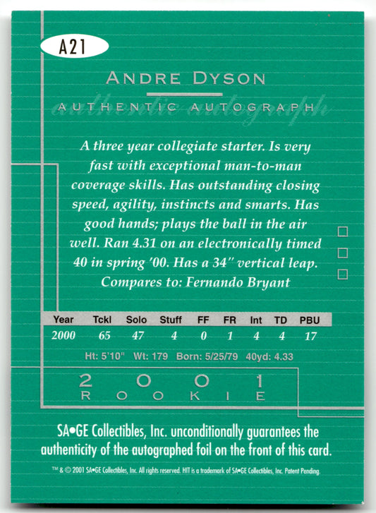 Andre Dyson - #A21 - 2001 SAGE HIT - Sage