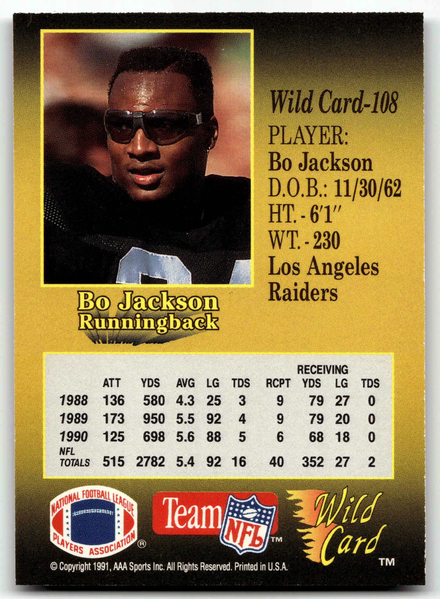 Bo Jackson - #108 - 1991 Wild Card -