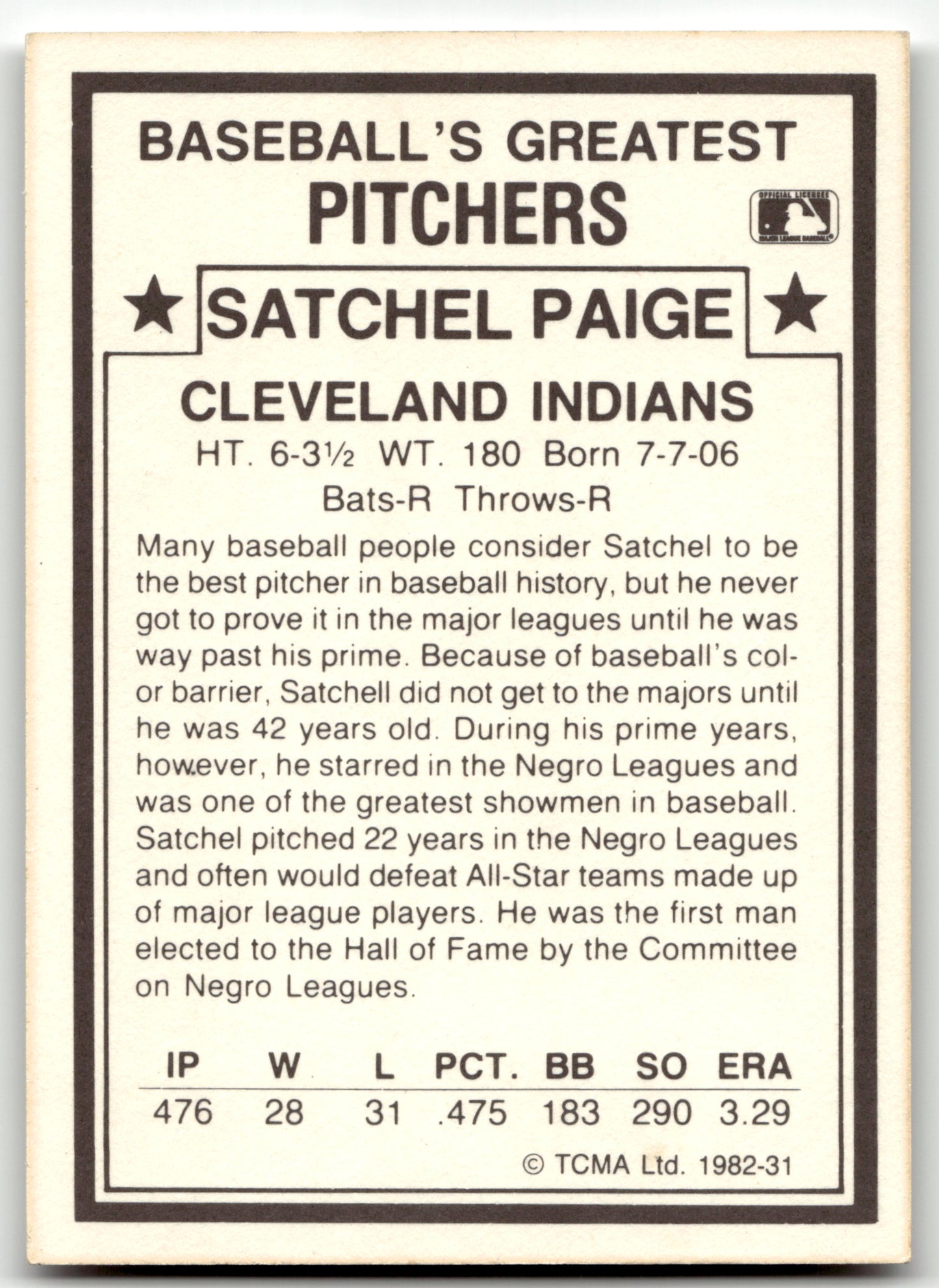 1982 TCMA Baseball's Greatest Pitchers #31 Satchel Paige