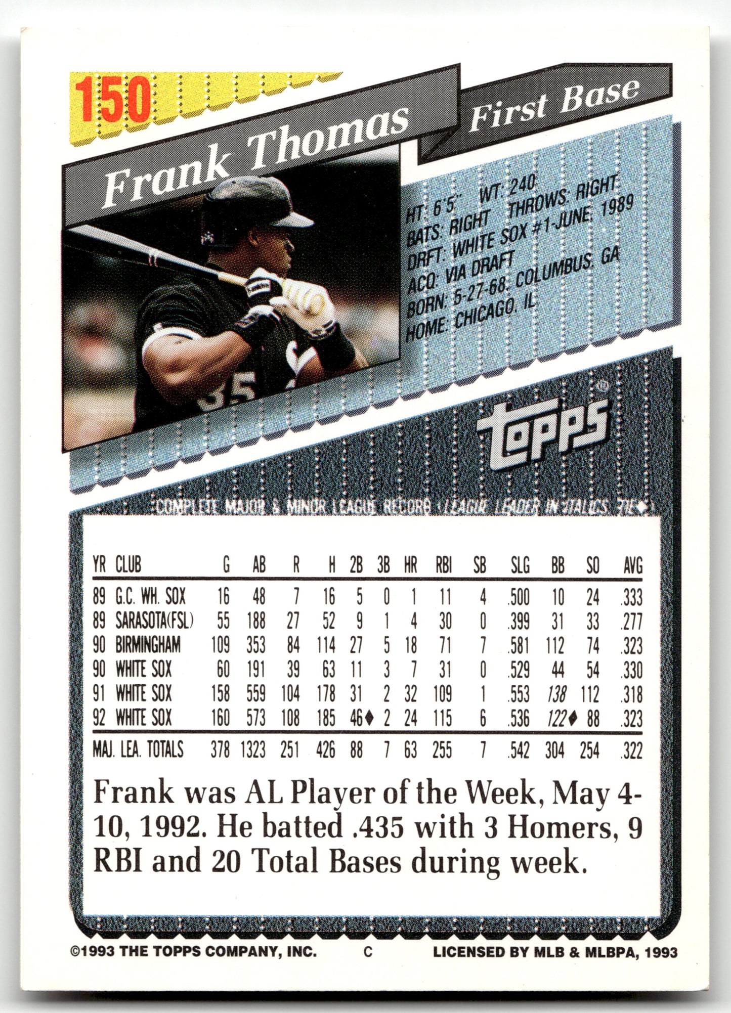 Frank Thomas - #150 - 1992 Topps - Topps
