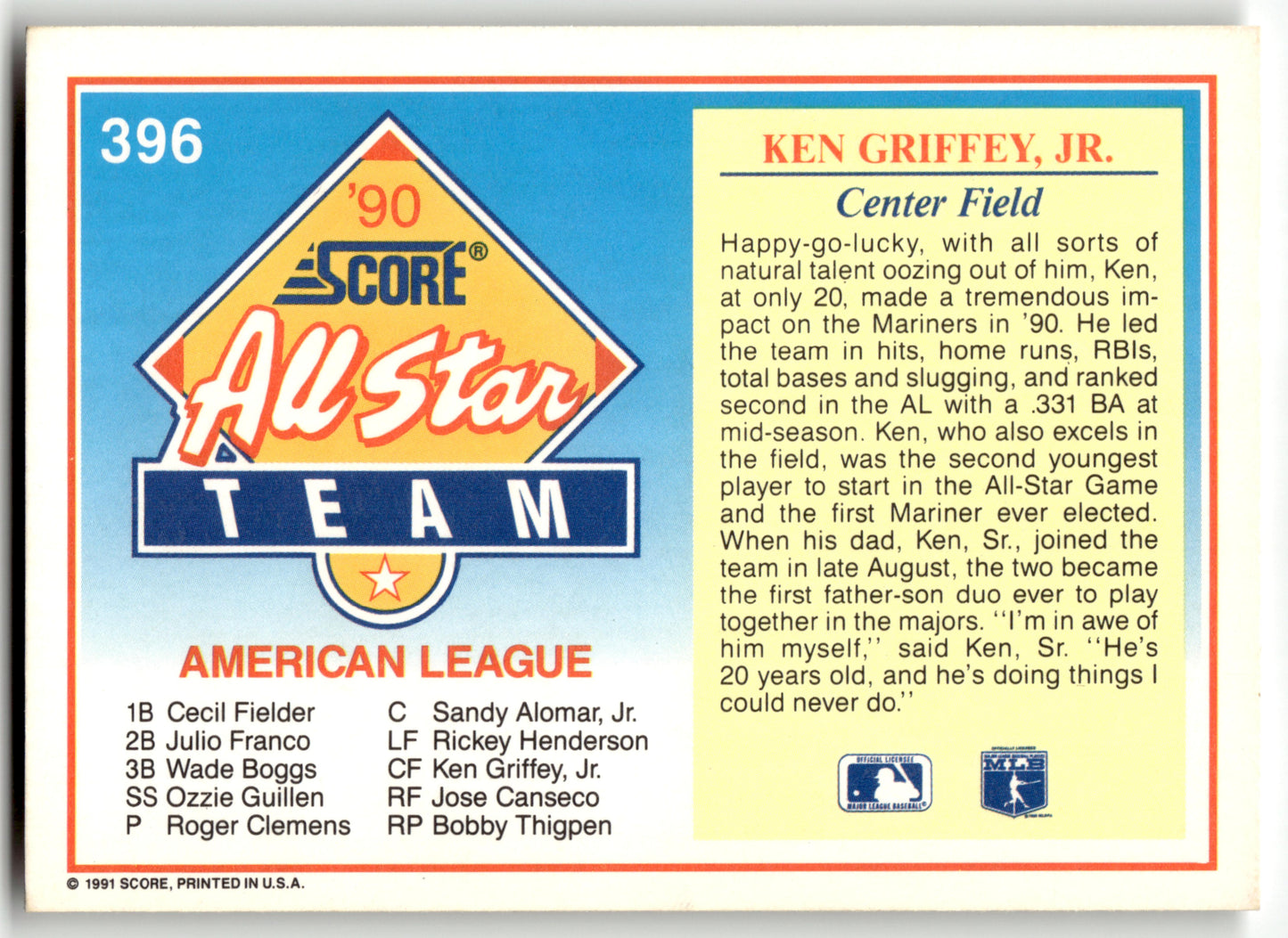 Ken Griffey, Jr. - #396 - 1991 Score - Score