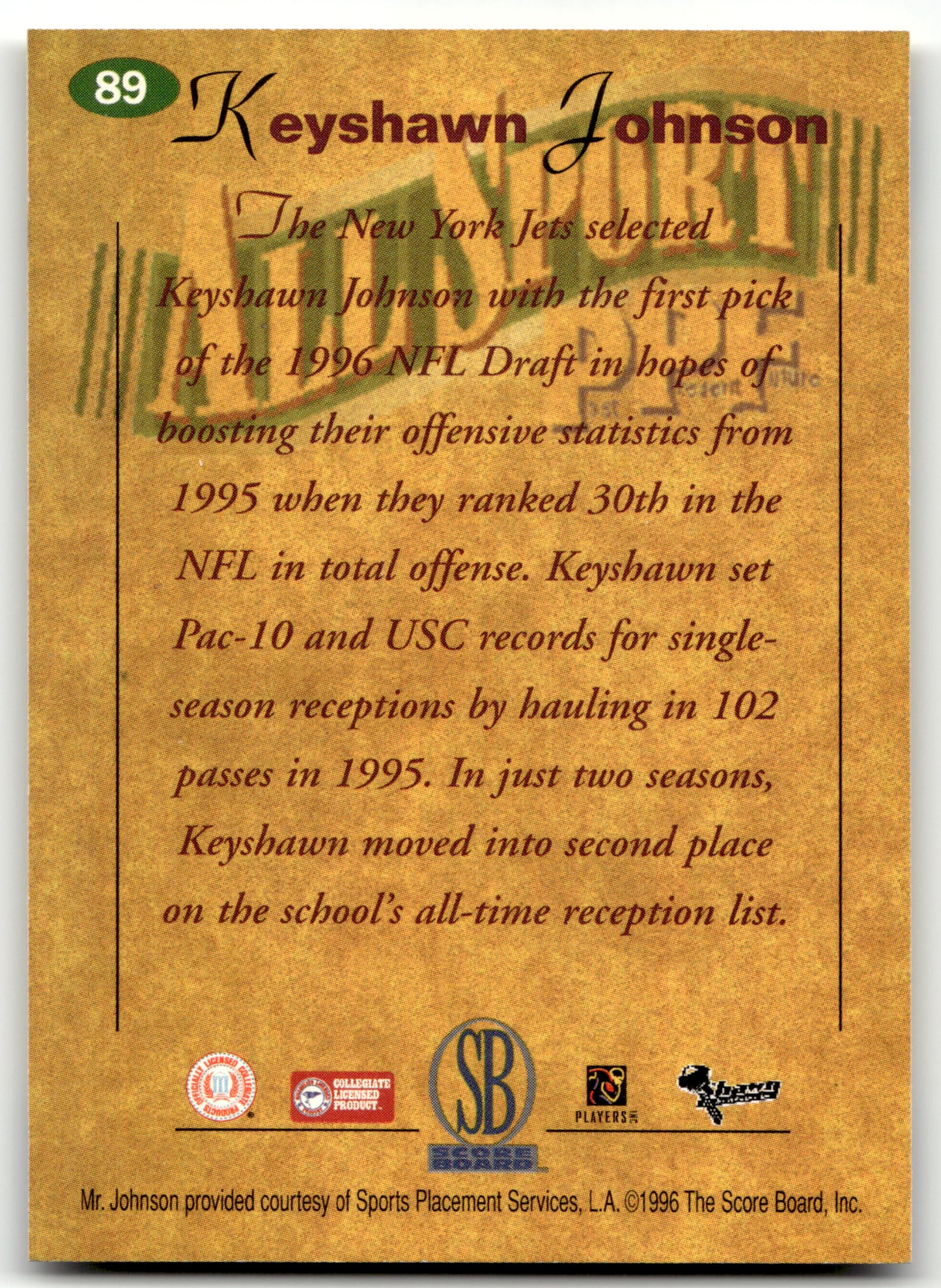 Keyshawn Johnson - #89 - 1996-97 Score Board All Sport PPF - Score