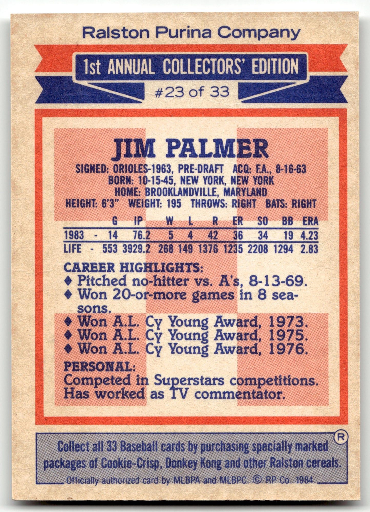 Jim Palmer - #23 - 1984 Topps Ralston Purina - Topps