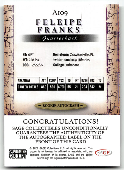 Feleipe Franks - #A109 - 2021 SAGE Premier Draft - Sage