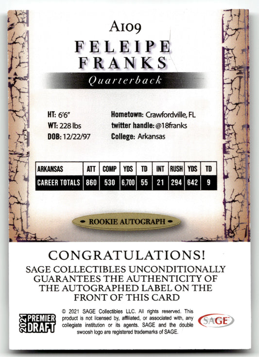 Feleipe Franks - #A109 - 2021 SAGE Premier Draft - Sage