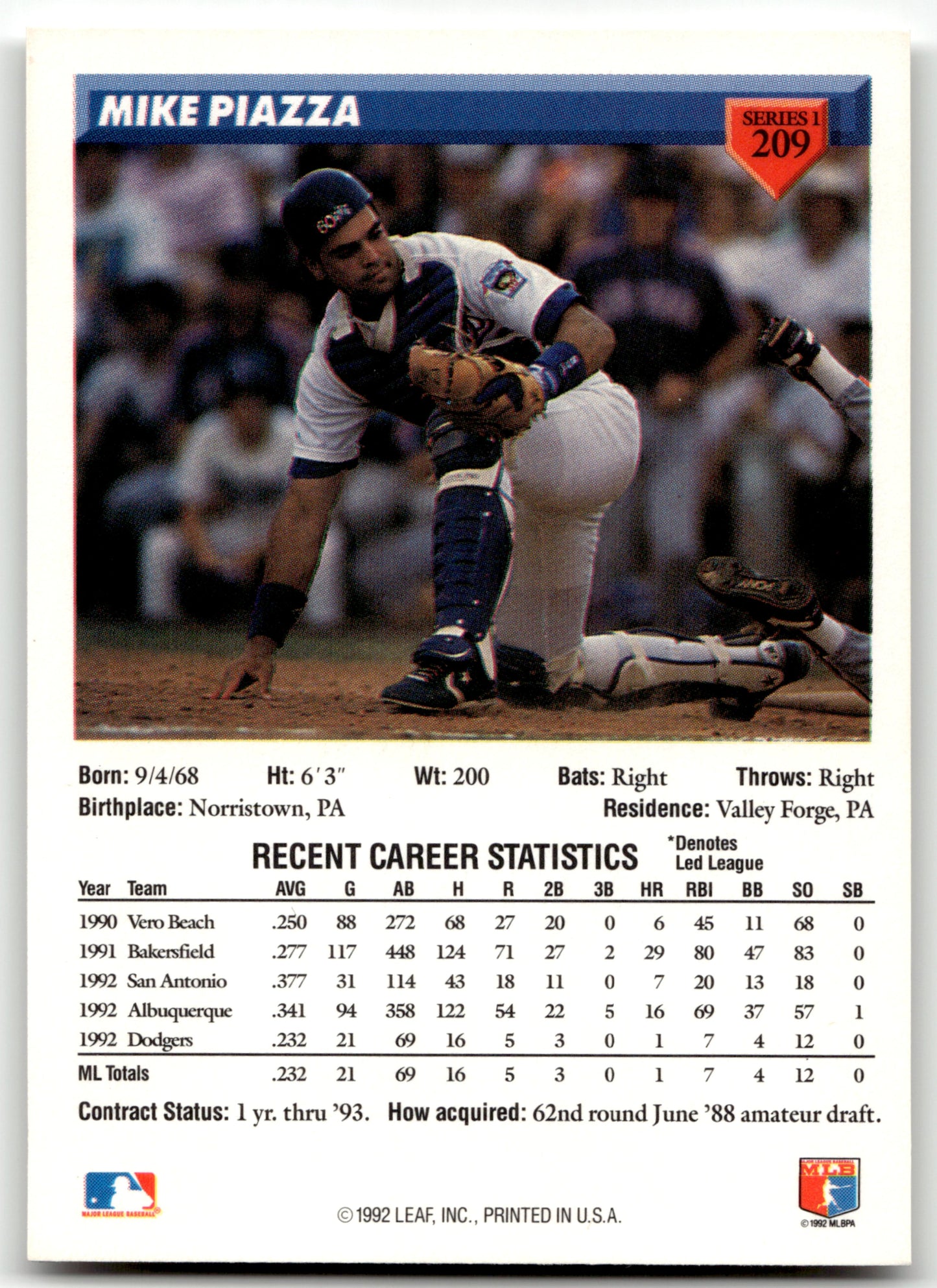 Mike Piazza - #209 - 1993 Donruss - Donruss