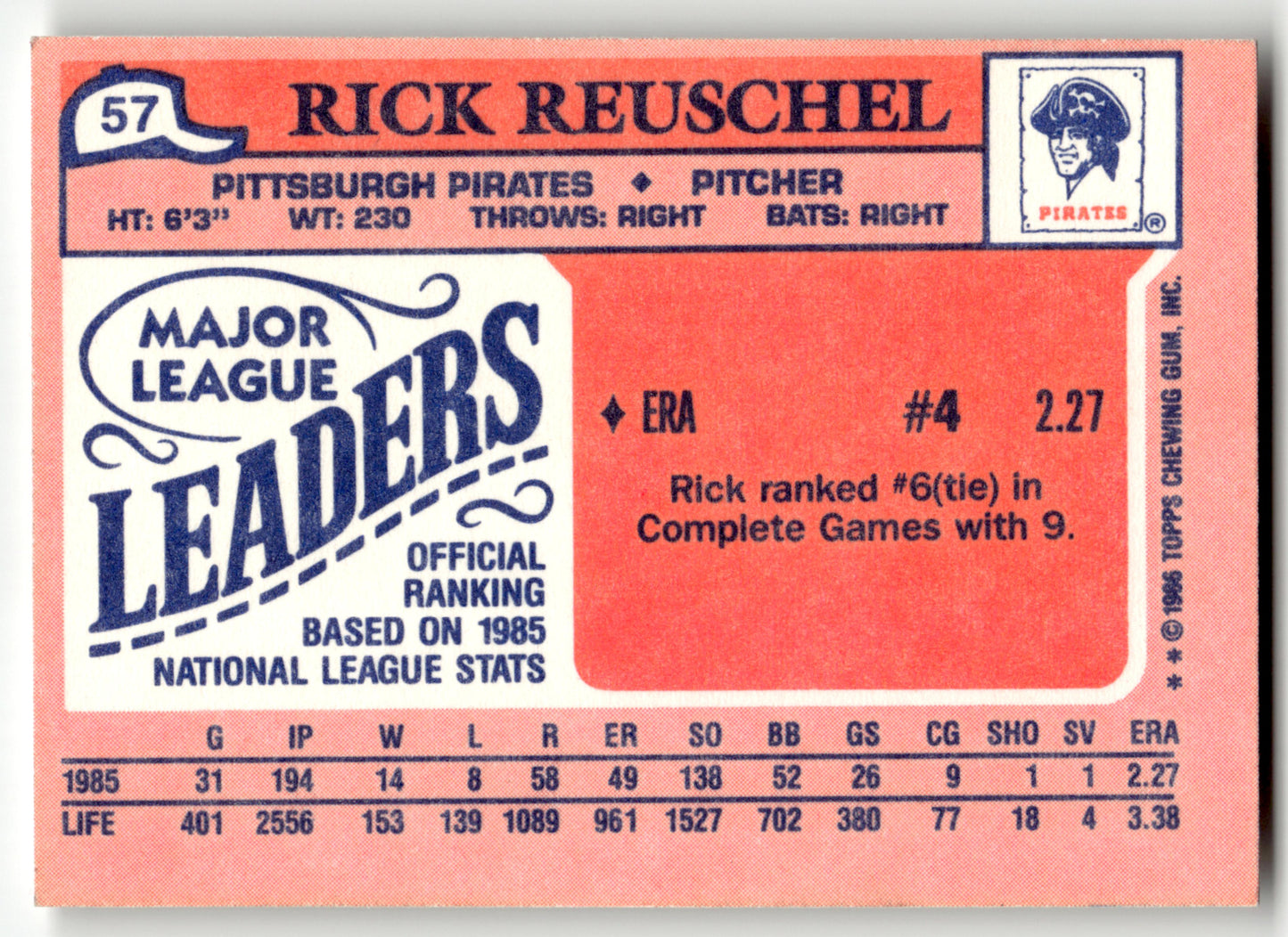 Rick Reuschel - #57 - 1986 Topps Major League Leaders Minis - Topps