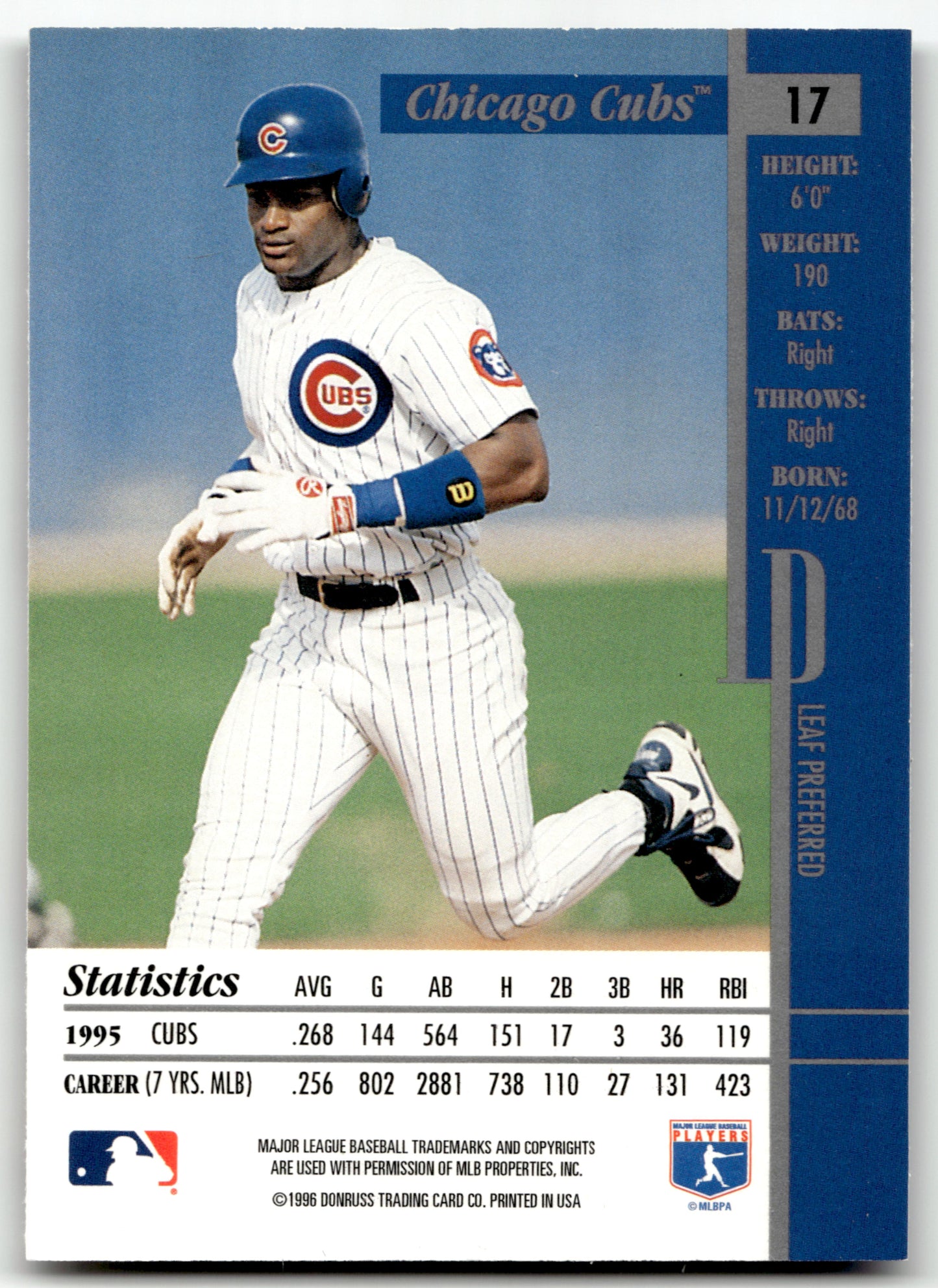 Sammy Sosa - #17 - 1996 Leaf Preferred - Leaf