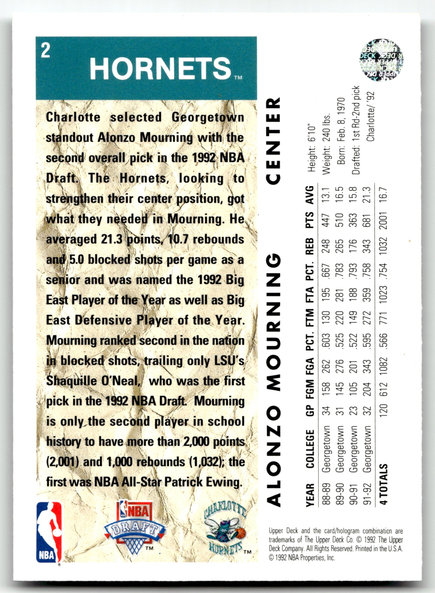 Alonzo Mourning - #2 - 1992-93 Upper Deck - Upper Deck