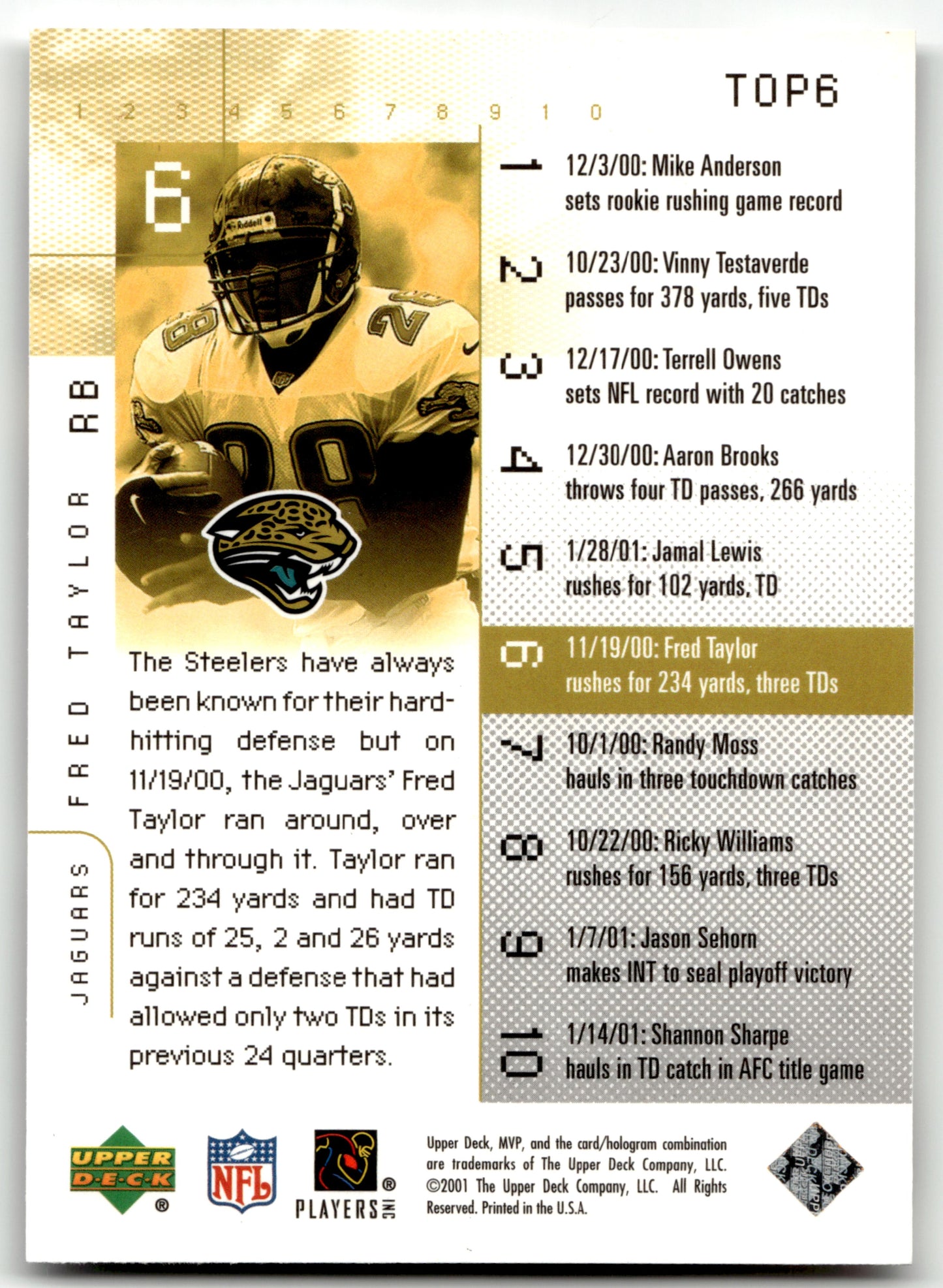 Fred Taylor - #TOP6 - 2001 Upper Deck MVP - Upper Deck