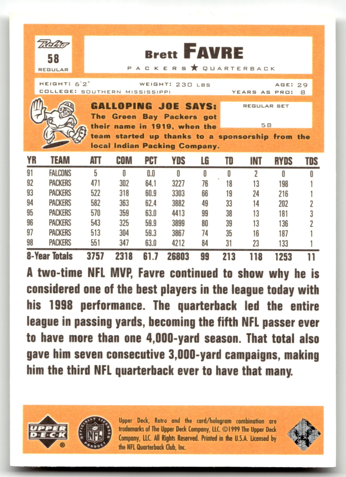 Brett Favre - #58 - 1999 Upper Deck Retro - Upper Deck