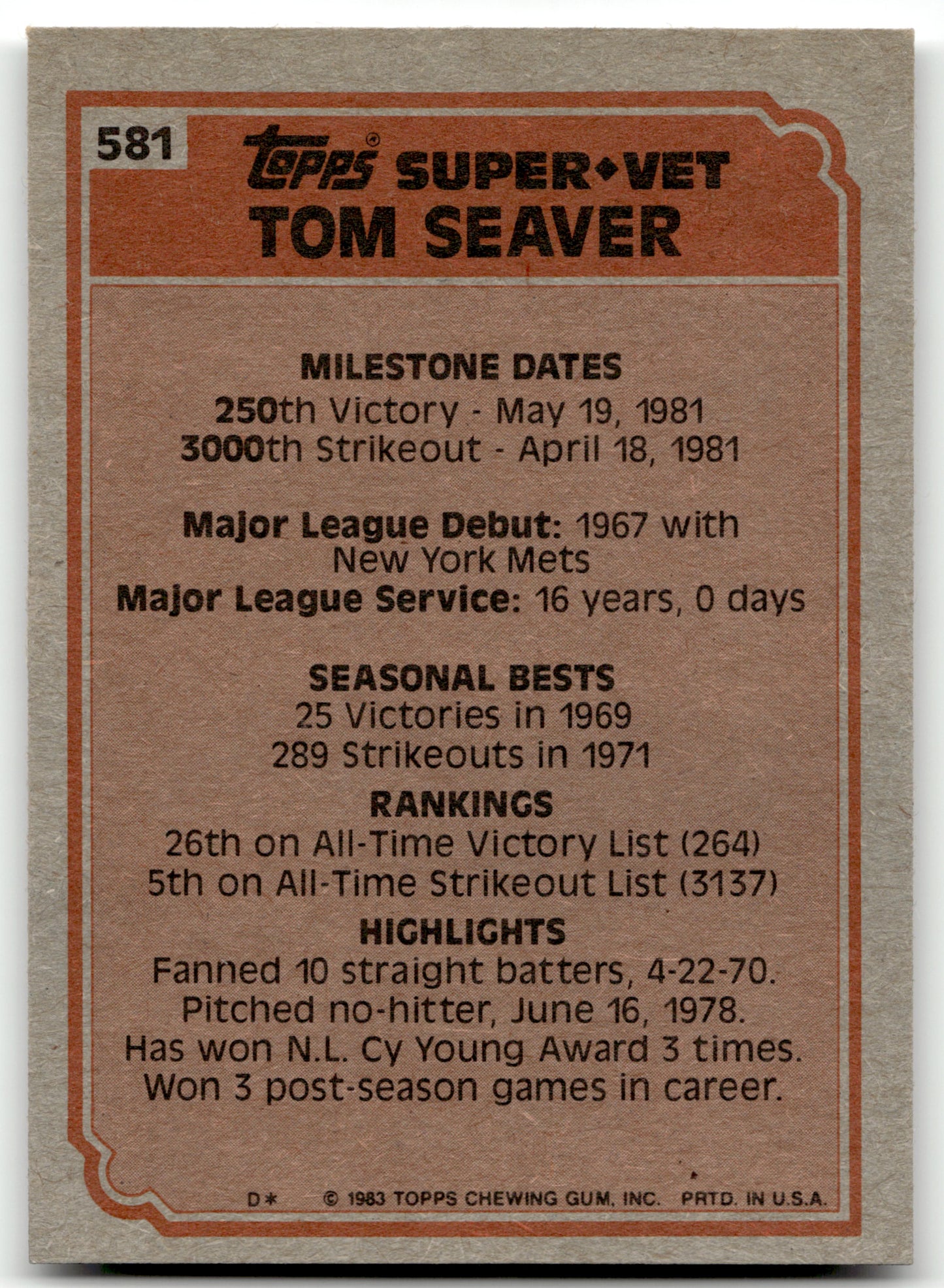 Tom Seaver - #581 - 1983 Topps - Topps