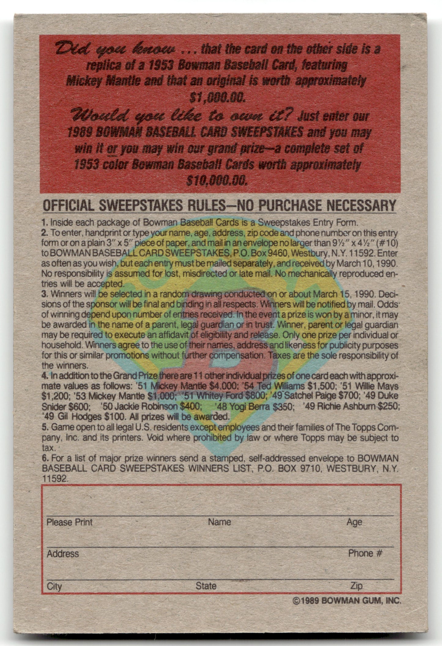 Mickey Mantle - #NNO - 1989 Bowman - Bowman