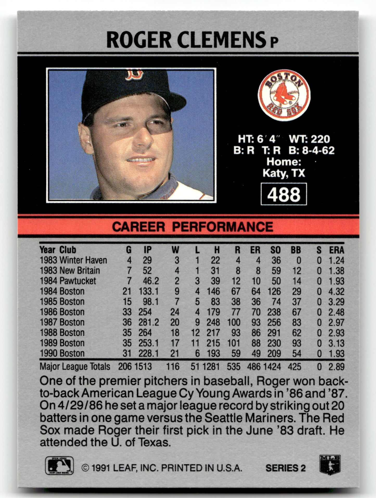 Roger Clemens - #488 - 1991 Leaf - Leaf
