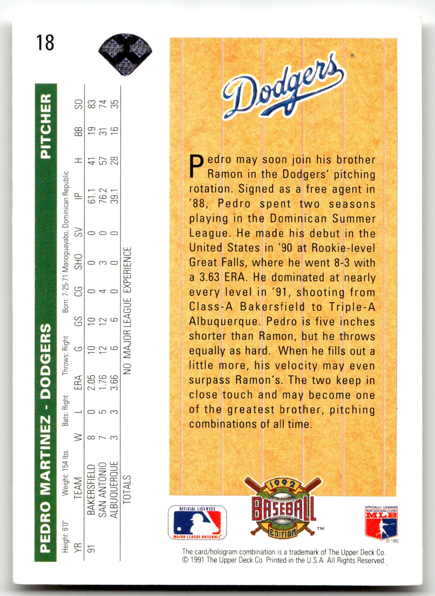 Pedro Martinez - #18 - 1992 Upper Deck - Upper Deck