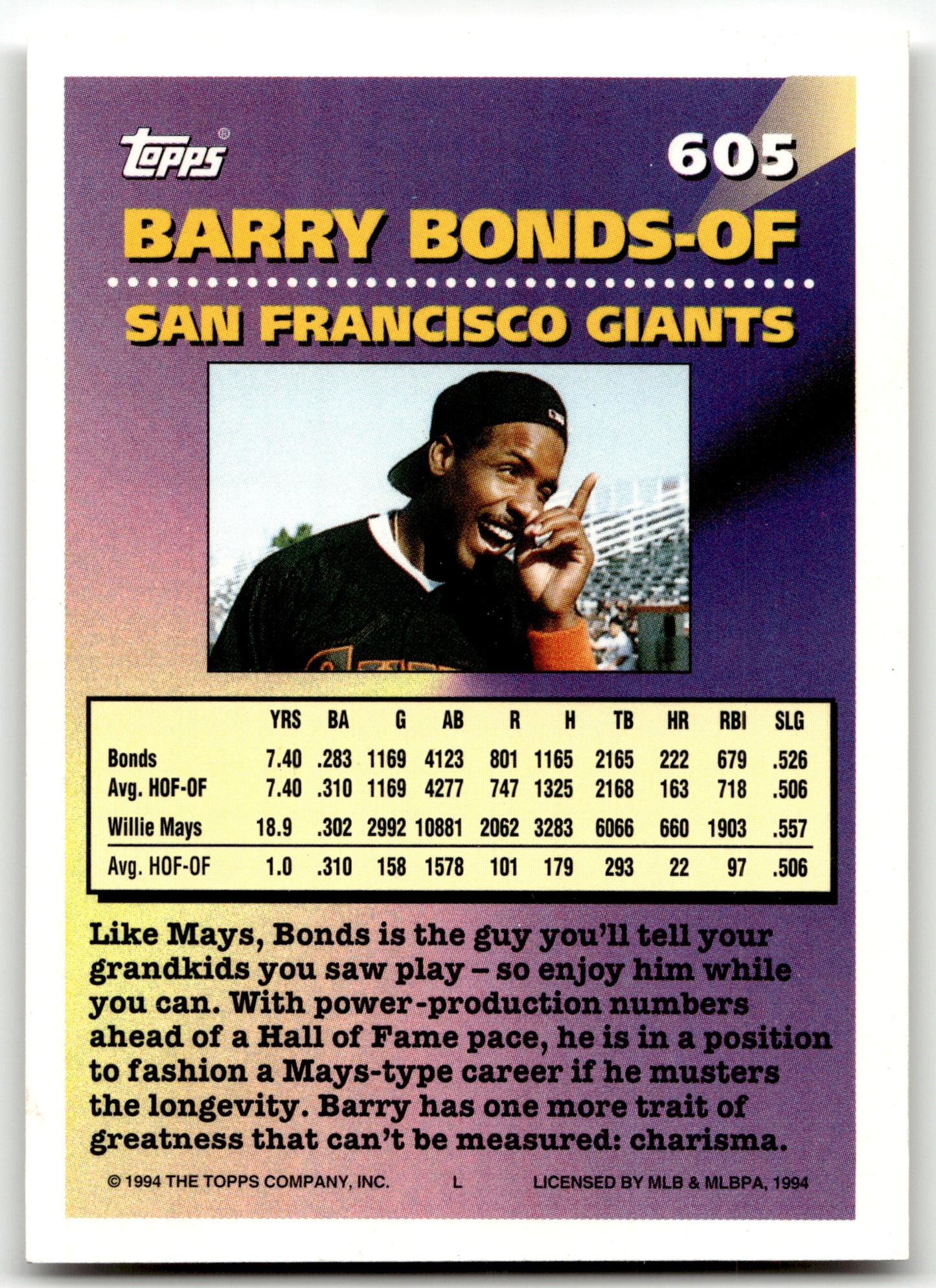 Barry Bonds - #605 - 1994 Topps - Topps