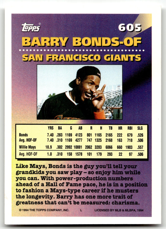 Barry Bonds - #605 - 1994 Topps - Topps