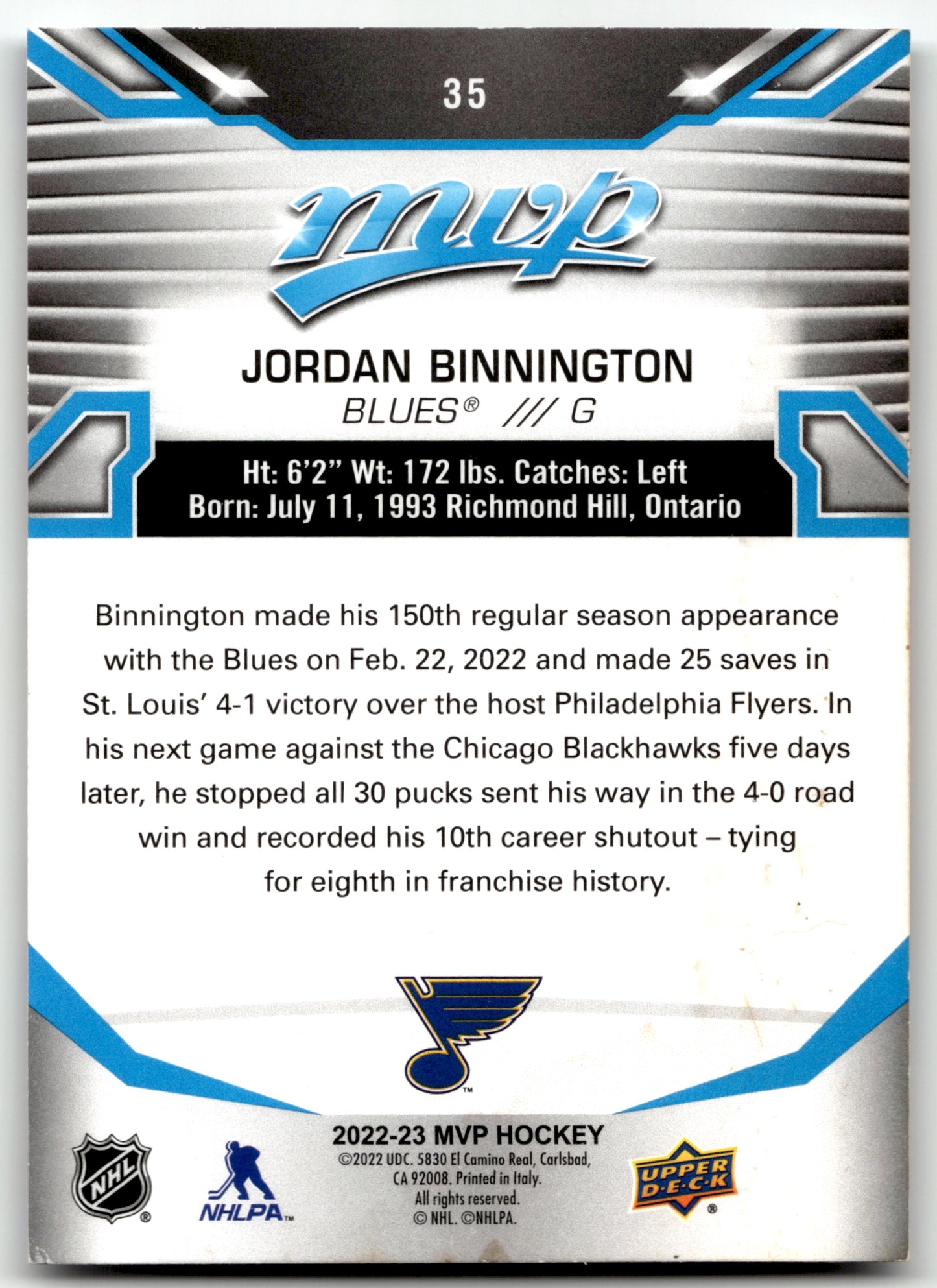 Jordan Binnington - #35 - 2022-23 Upper Deck MVP - Upper Deck