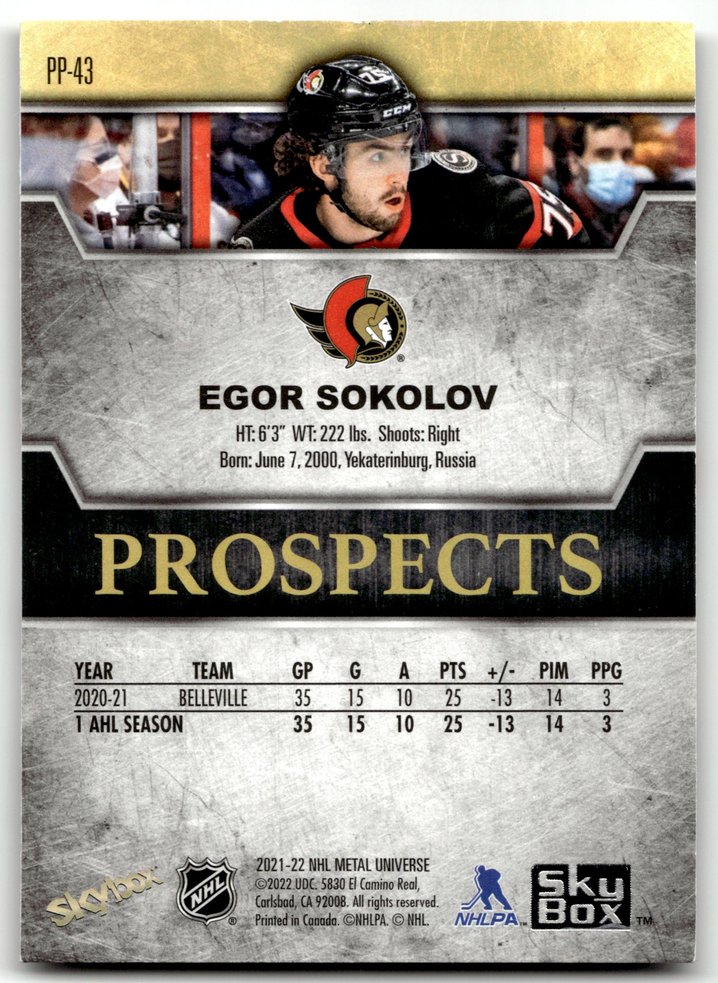 Egor Sokolov - #PP-43 - 2021-22 SkyBox Metal Universe -