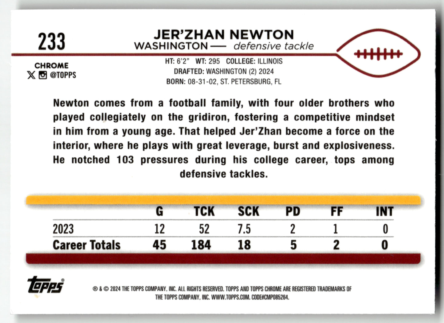 Jer'Zhan Newton - #233 - 2024 Topps Chrome - Topps