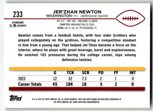 Jer'Zhan Newton - #233 - 2024 Topps Chrome - Topps