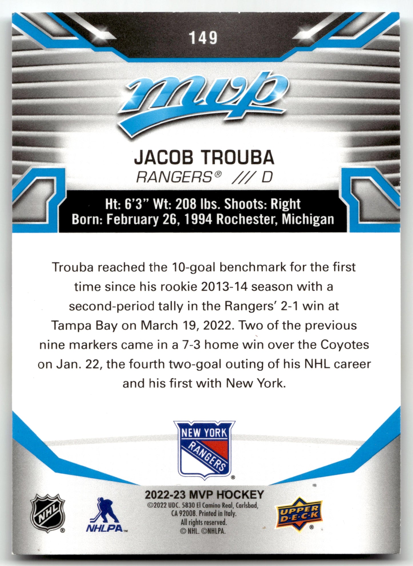 Jacob Trouba - #149 - 2022-23 Upper Deck MVP - Upper Deck