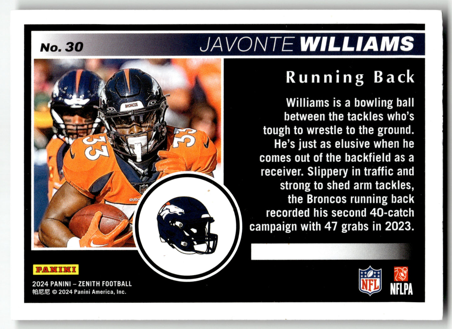 Javonte Williams - #30 - 2024 Panini Zenith - Panini