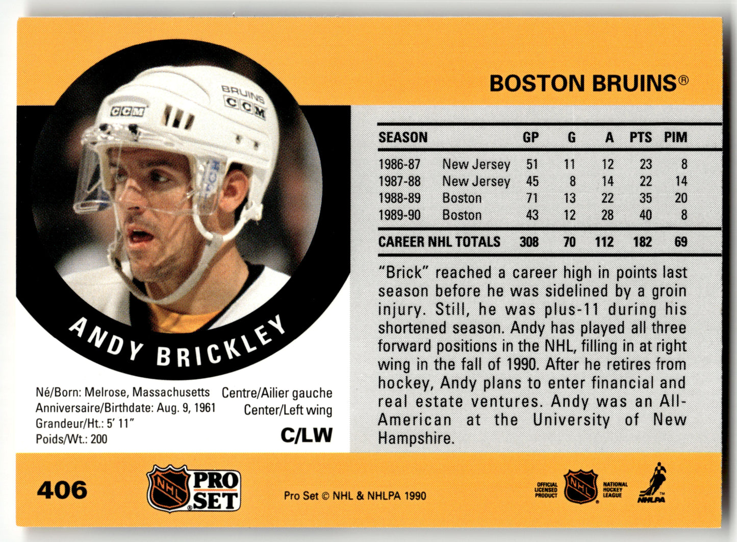 Andy Brickley - #406 - 1990-91 Pro Set -