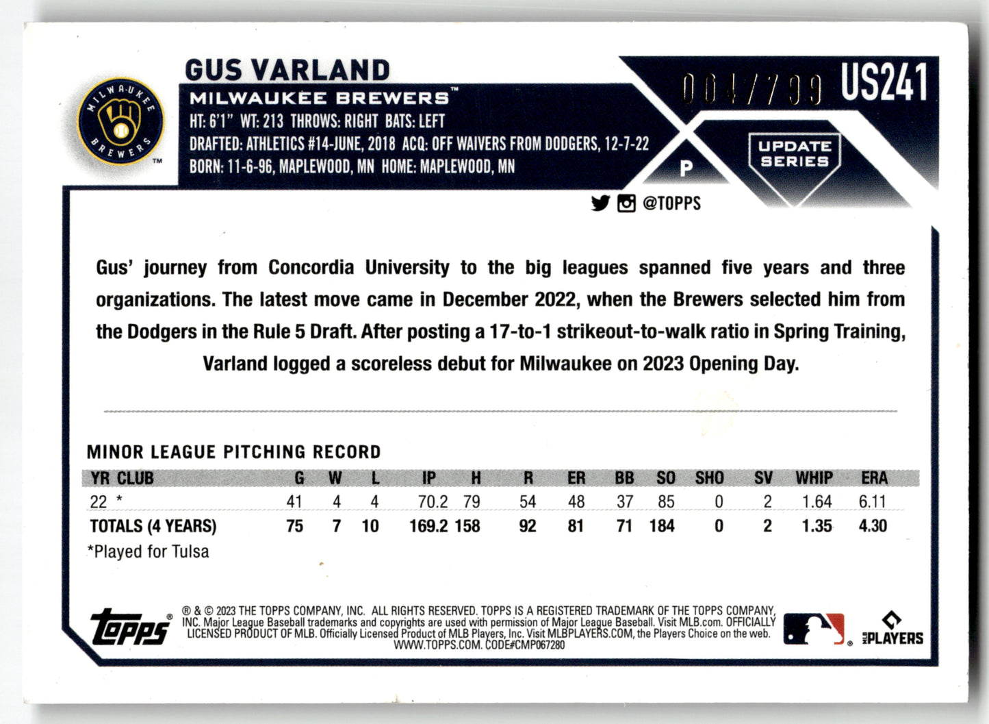 Gus Varland - #US241 - 2023 Topps Update - Topps 004/799