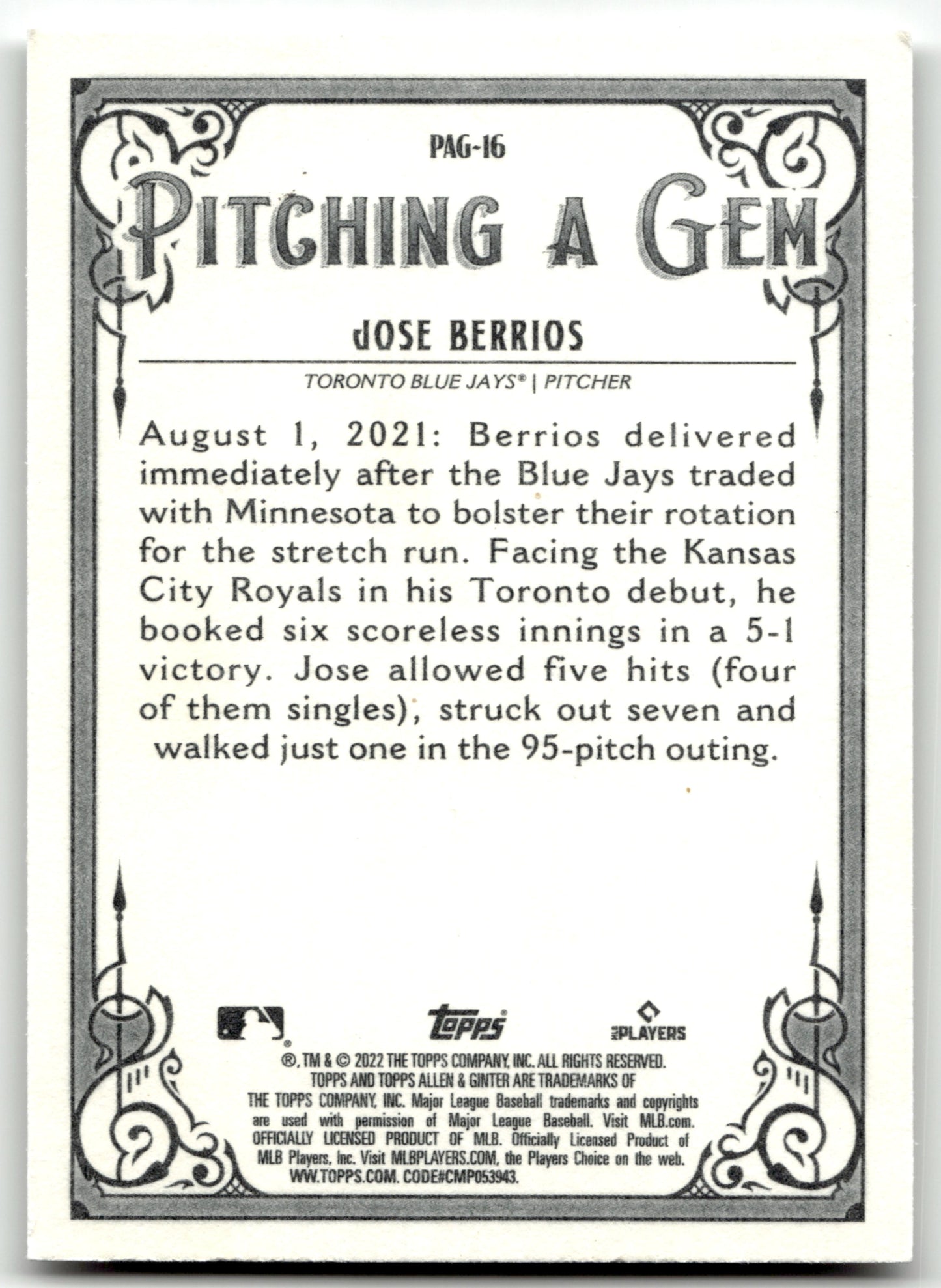 Jose Berrios - #PAG-16 - 2022 Topps Allen & Ginter - Topps