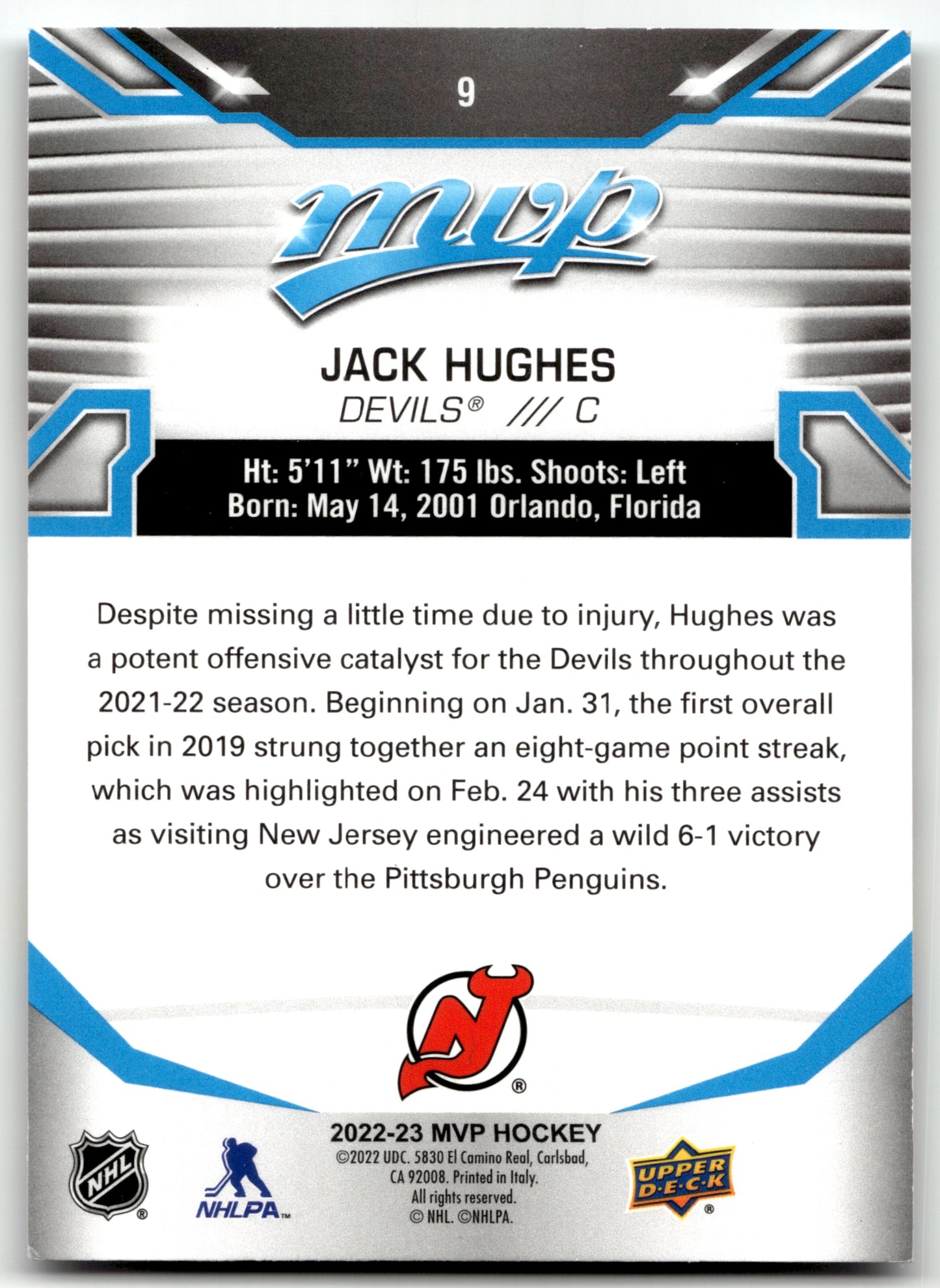Jack Hughes - #9 - 2022-23 Upper Deck MVP - Upper Deck