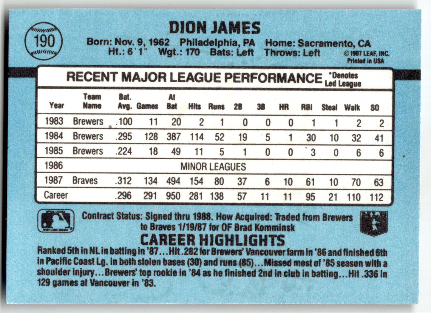 Dion James - #190b - 1988 Donruss - Donruss